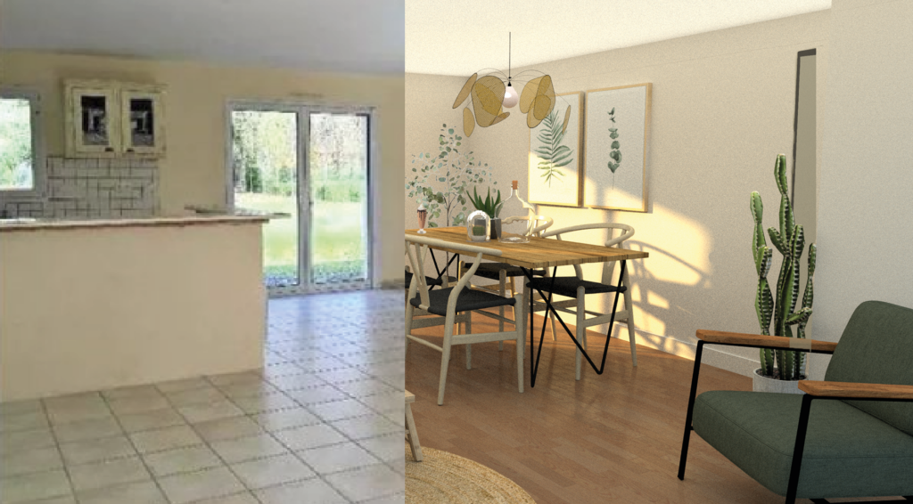 Home staging virtuel : Salon vieillissant transformé en espace moderne avec vue 3D.