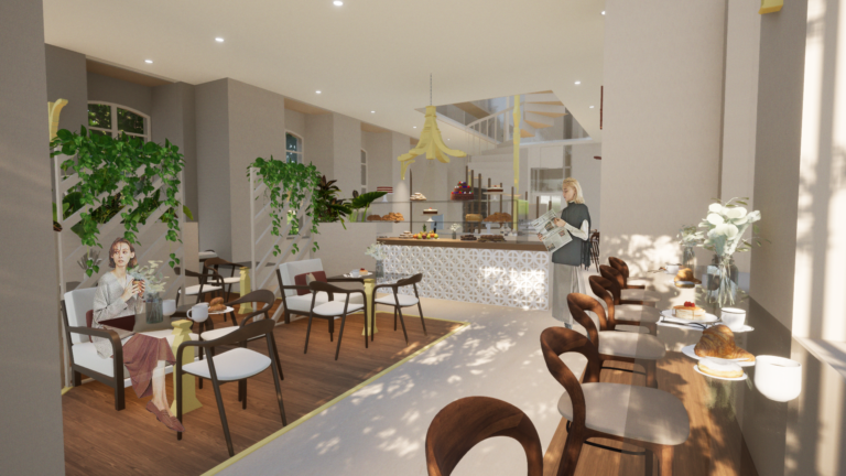 Conception 3D Café/Restaurant Lumineux et Naturel par StudioArchiDesign.