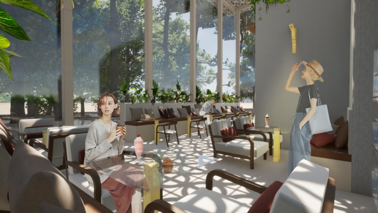 Conception 3D Café en Extension de Verre par StudioArchiDesign : Ameublement Moderne et Chaleureux