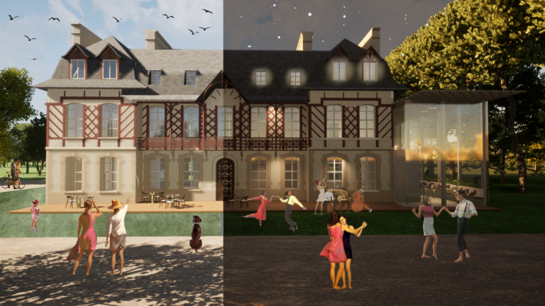 3D Manoir Rénové : Jour et Nuit avec Extension en Verre par StudioArchiDesign.