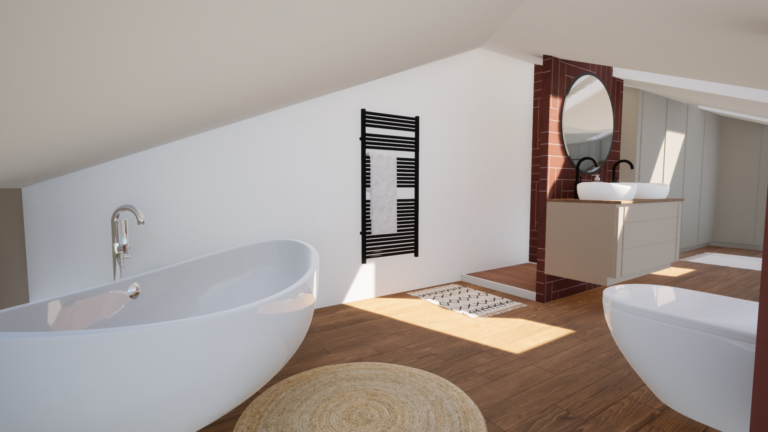Conception 3D Salle de Bain Sous Comble avec Baignoire en Angle et peinture terracotta par StudioArchiDesign.