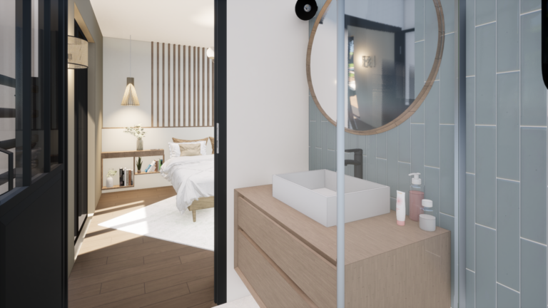 Conception 3D Salle de Bain avec Vue sur Chambre par StudioArchiDesign.